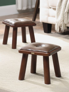 เก้าอี้ไม้ขนาดเล็กเด็กใช้ในบ้าน สไตล์อเมริกัน ห้องนั่งเล่นโซฟาเก้าอี้หนังเบาะนุ่มสี่เหลี่ยมกลมสตูล