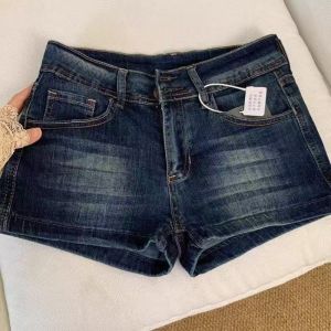 Quần Short Denim Nữ Cạp Thấp Ôm Sát Phong Cách Vintage Y2K Thời Trang Đường Phố Gợi Cảm Retro Màu Xanh Có Túi Cargo Lưng Thun Mặc Thường Ngày Mùa Hè