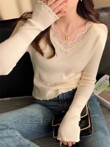 เสื้อชั้นในผู้หญิงคอวีแขนยาวทรงสลิมฟิตผ้าถักลายลูกไม้สีขาว เสื้อชั้นในฤดูใบไม้ผลิและฤดูใบไม้ร่วง เสื้อชั้นในสำหรับผู้หญิงไซส์เล็ก
