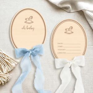 2Pcs Baby Name Announcement Sign Baby Shower Party Decorations Wooden Signs for Hospital Statistical Data Display with Ribbon