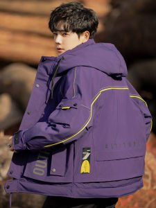 Mens Winter down Jacket Thickened Snowboarding Workwear Three-Proof Parka Hooded Coat Trendy Brand Polyester Nylon Composite Fiber