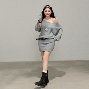 ZHANGDAREN | Đầm Sweater Dài Ngắn Bất Đối Xứng Trễ Vai