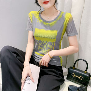 Rehin mùa hè Hàng Mới Về cổ tròn đàn hồi cao lưới T-shirt với thời trang in tay ngắn phong cách áo sơ mi bó sát đơn giản thanh lịch hàng đầu của phụ nữ