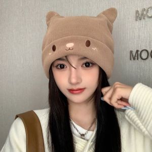 หมวกถักหลังคลอด ขนสัตว์ หมวก ฤดูหนาว อุ่น หมวกกระชับหน้า ผู้หญิง แฟชั่น หวาน สไตล์ หมวกทรงกลมไม่พับได้ ไม่มีที่ปิดหู