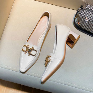 Black Leather Chunky Heel Single Shoes Womens mid Heel High Heels Soft Leather Commute French Vintage Style Fashionable Shoes