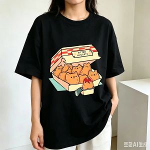 Sanrio | Kitten Nuggets Happy T Shirts WOMEN Kawaii/cute High Street Tshirts T-shirts Cat Biscuits Dipping Sauce Short Sleeve Tops