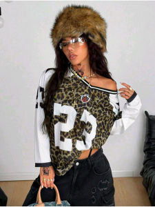 Women Cool Leopard Print Digital V-neck T-shirt Vintage Niche Personality Loose Comfortable Casual Sport Long Sleeve Top T-shirt