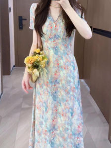 Homecore | Summer Beach Vacation Floral Print Dress Elegant High Waist Long Skirt Homecore Brand A-Line Silhouette V-Neck Short Sleeve