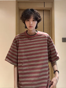 OUMULONG | Retro Stripe Patchwork Heavyweight T-Shirt 300g