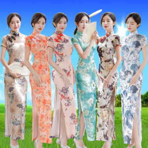 Velvet Silk Cheongsam Floral Print Mesh Daily Wear Retro Style High Slit Long Qipao Special Large Size Collection Show Stopper