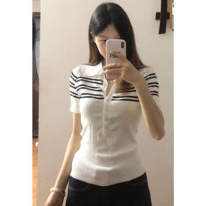 YUEZHONGWEI | American Style Shoulder Color Block Stripe Collar Ice Silk Knitted Short Sleeve T-Shirt Women Summer Slimming Polo Shirt Top