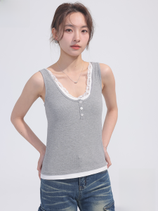 MiiOW | เสื้อกั๊กแขนกุดผ้าลูกไม้สีเทาอเมริกันสำหรับผู้หญิง ใส่ด้านนอกในช่วงฤดูร้อน เสื้อคลุมกีฬา ปกปิดหน้าอก ด้านในเป็นเสื้อชั้นใน