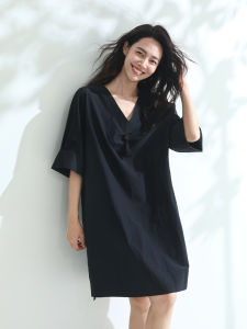 Miccbeirn | Retro Beaded Tassel V-neck Midi Dress Silk Cotton A-line Simple Casual Summer Dress For Short Women Commute Style