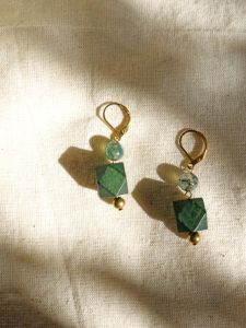 Natural Aventurine Green Irregular Geometric Wood Block New Chinese Style Retro National Trend Clip-On Earrings Original Design