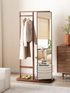 TINGXU | Rotating Movable Full-Length Mirror Coat Rack Wood
