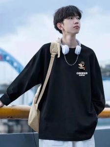 American Retro Long Sleeve T-Shirt Mens Loose Casual Versatile Spring Autumn Trendy Brand Teenage Basic Shirt Top