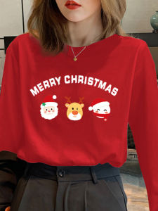 หลวม เสื้อยืดซานตาคลอสแขนยาว ผู้หญิง สไตล์เกาหลี เสื้อฐานวันปีใหม่สีแดงเทศกาลเครื่องแต่งกายด้านบน การ์ตูน พิมพ์คอกลม โพลีเอสเตอร์ ไฟเบอร์