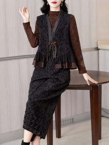 New Chinese Style Embroidered Set Womens High Waist Wide Leg Pants Two Piece Suite Autumn Winter Fashionable Versatile Ladies