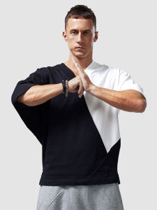 New Chinese Style Retro Cotton Short Sleeve Mens T-shirt V-neck Five-quarter Sleeve Fashionable Urban Loose Fit Summer Top