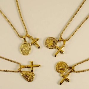 18K Gold Plated Religious Necklace Christian Stainless Steel Cross Virgin Mary Praying Hands Jesus Pendant Necklace Women Men