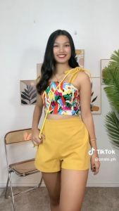 ZEALO Joanna Self Tie Strap Top and Pocket Pants Terno Coordinates Set Printed Graphics | Material: Tops-Challis Shorts-Linen | Free Size: Best Fit to Small Medium SemiLarge | Color: Magenta Black Orange Navy Blue Rust Mustard Lilac Taupe Sage Light Pink