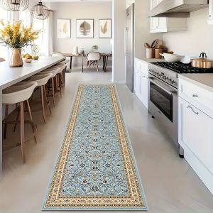Thảm Trải Sàn Hành Lang VIKAMA Vintage Họa Tiết Hoa Màu Xanh Dương & Vàng Kiểu Phương Đông Chống Trơn Trượt Cho Lối Vào Nhà Bếp - Thảm Polyester Dài Trang Trí Nhà Cửa