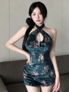 GUZILIAN | Sleeveless Velvet Print Hollow Neck Fitted Dress