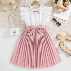 Spring Summer Princess Skirt Dress Girls Clothing Short Sleeve Fly Sleeve Color Block Korean Style Medium And Large Childrens Dress