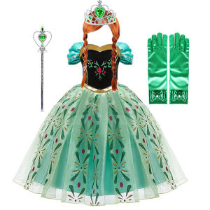 Children Princess Costume Green Party Anna Fancy Dress Up New Christmas Girl Birthday Carnival Disguise Embroidered Frock Clothe