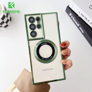 FLOVEME Luxury With Lens Film Protector Clear Phone Case For Samsung S23 S22 Ultra S23+ S22+ Plus Plating Magsafe Wireless Charging Transparent Soft Silicone Shockproof Back Cover For Samsung S23 S22
