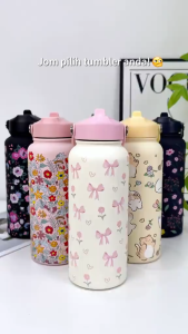 MODOFO 1000ml Floral Insulated Water Bottle with Straw 304 Stainless Steel Leakproof Portable Handle Tumbler