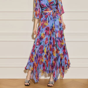 Spring Summer New Style Foggy Purple Rose Printed Flared Half Skirt Set