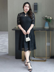 Red Wedding Dress for plus Size Mom 300 Pounds Large Lace Qipao Style Slimming Black Mini Dress Polyester Fabric Commute Style