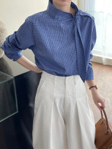 French Vintage Blue Plaid Long Sleeve Shirt Womens New Design Sense Elegance Overhead Fashionable Top Pure Cotton Breathable