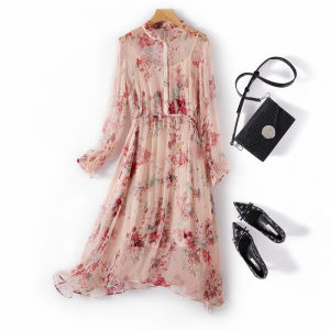 XMO | Elegant Pink Floral Print A-Line Silk Dress