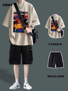 Ice Silk Short Sleeve T-Shirt Mens Summer Casual Loose Two-Piece Set Trendy Brand Teenage Clothing Polyester Fiber round Neck