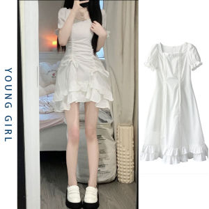 Váy Ngắn Tay Bồng Màu Trắng Kiểu Pháp Cho Nữ Cỡ Lớn Mùa Hè 2024 Váy Chữ a Cạp Cao Tay Bồng Phong Cách Mới