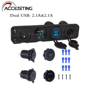 4แผงสวิทแก๊งสำหรับรถยนต์เรือเรือเดินทะเลพร้อมเครื่องวัดแรงดันไฟฟ้าแบบดิจิตอลพอร์ต USB คู่แผงสวิทช์โยกไฟ LED กันน้ำช่องเสียบแบบคู่