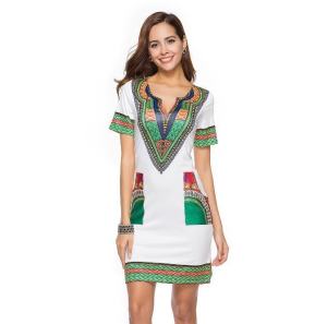 Váy in Họa Tiết Dân Tộc Thời Trang Mùa Hè 2022 Váy Nữ Cổ Chữ V Cạp Cao Tay Ngắn Váy Midi Một Mảnh Chất Liệu Khác