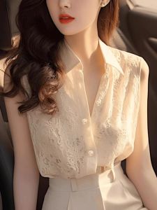 Unique Stylish Lace Sleeveless Shirt for Women Korean Version Slim Fit Button Design Hollow out Polo Collar Pure Color Summer New Arrival