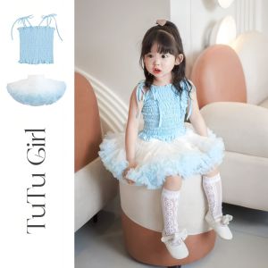 Girls Tulle Skirt And Vest Set Childrens Summer Outfit Puffy Princess Dress Korean Style Plaid Pattern Baby Girl Clothes