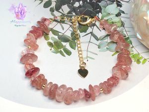 Gelang Tangan Kristal Suasa Emas Natural Crystal Strawberry Quartz Bracelet Accessories 天然水晶草莓晶碎石手链 14KCB020