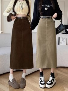 Brown Corduroy Skirt Womens Autumn and Winter Retro High Waist Slim Looking Mid Length Long Length Straight Split Office Lady Sheath Skirt