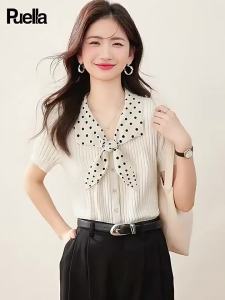 puella | Áo Nữ Đính Chấm Bi Ôm Sát Cổ Peter Pan Phối Màu Thời Trang Mùa Hè