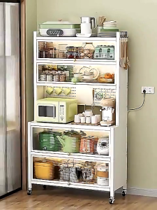 3/4/5-Layer Carbon Steel Kitchen Storage Cabinet | Dustproof Enclosed Design with Wheels & Pull-Out Doors | Microwave Stand for Spices/Cups