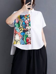 Summer 2024 Womens Retro Solid Color Print Short Sleeve Polo Collar Shirt Commute Style Loose Fit Regular Sleeve Length
