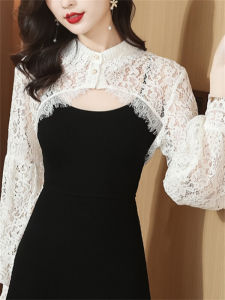 Womens Spring and Autumn Thin Section Lace Open Shirt with Short Skirt Polyacrylonitrile Fiber Shawl-Type Ultra-Short Sleeve Single-Breasted