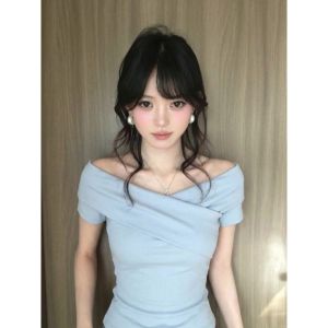 PEIXI | Light Blue V-Neck Short Sleeve T-shirt