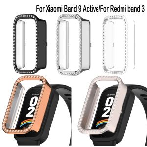 MAFAM【 🔥Baru Ready🔥】✨Tempered Glass+Case For Xiaomi Smart Band 9 Active Watch Case Anti-scratch Bumper Protective Cover for Xiaomi Redmi Band 3 Diamond Crystal PC Watch Case Cover