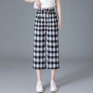 กางเกงขายาวทรงหลวมเอวสูงผ้าฝ้ายลินินลายสก็อตสีดำขาวทรงหลวมสบายๆ สำหรับผู้หญิง ฤดูร้อน 2025 กางเกงขายาวทรงหลวมสบายๆ ทรงหลวม